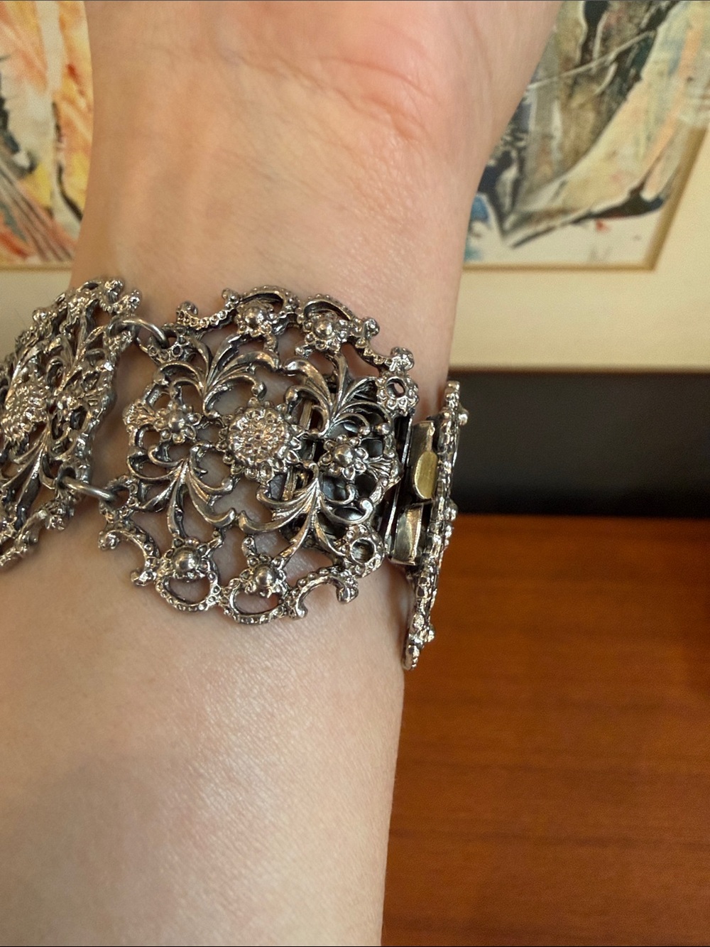 Vintage Silver Floral Filigree Bracelet - Silver Tone - Picture 8 of 9
